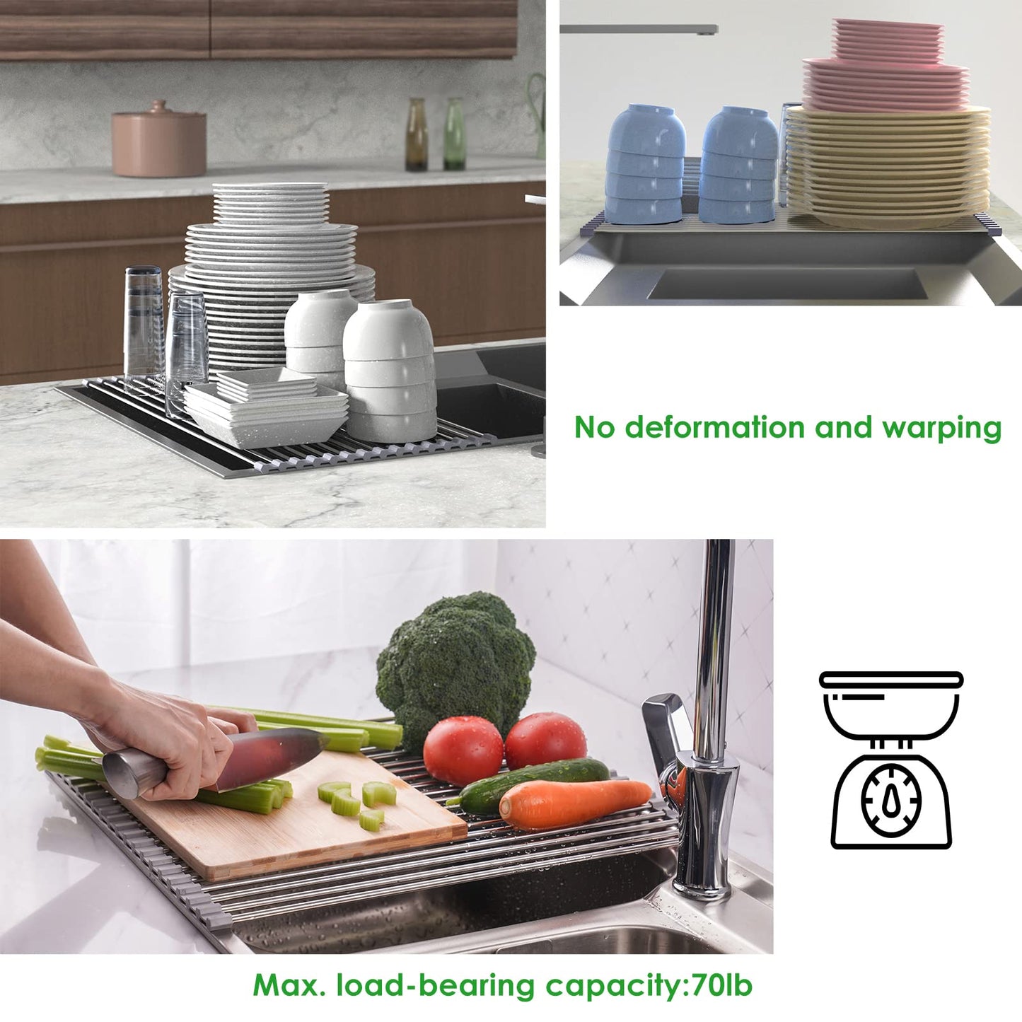 Tomorotec Roll Up Dish Drying Rack Over The Sink Grey Large Dish Drying Rack Rolling Foldable Collapsible SUS304 Stainless Steel Multipurpose Dish Drainer for Kitchen Counter (21”x15.7”)