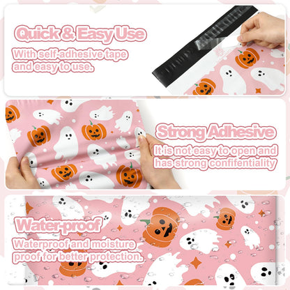 JarThenaAMCS 25 Pcs Halloween Poly Mailers Pink Ghost Pumpkin Packaging Bags Self Sealing Plastic Mailing Envelope Bag for Small Business Clothing Gift, 10 x 13 Inch