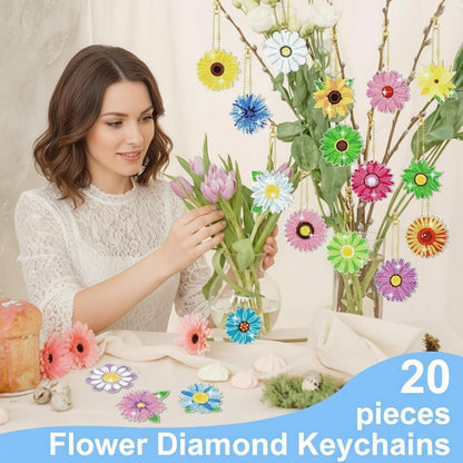 FairySandy 20 Pcs Spring Diamond Painting Flowers Key Chains Diamond Daisy Art Keychains Kits for Adults Sunflower 5D Rhinestones Hanging Ornament Floral Bookmark Key Ring for DIY Party Crafts Gifts