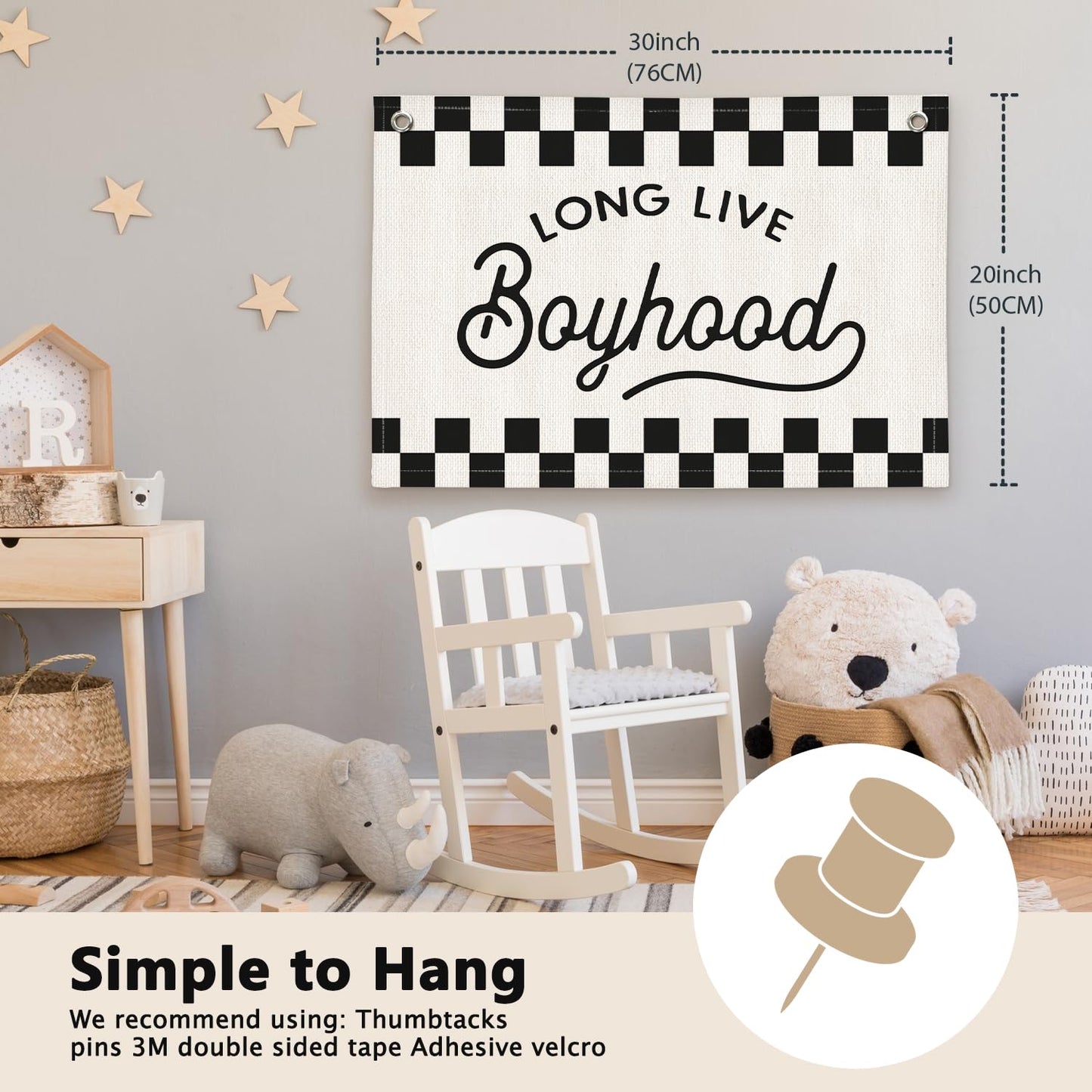 ETVISO Long Live Boyhood Black and White Checkered Boys Room Decor - Cars Room Decor Linen Banner Wall Hanging Canvas Banner Flag Decor for Toddler Boy Bedroom Nursery Playroom Birthday Party