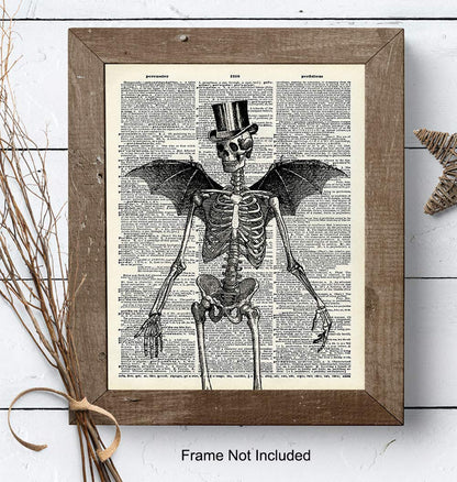 Skeleton Decor - Bat Wall Decor - Steampunk Decoration - Gothic Home Print Wall Art - Goth Room Picture - Gothic Gifts - Medieval Art - Creepy Scary Poster 8x10 - Halloween Decorations - Skull Picture