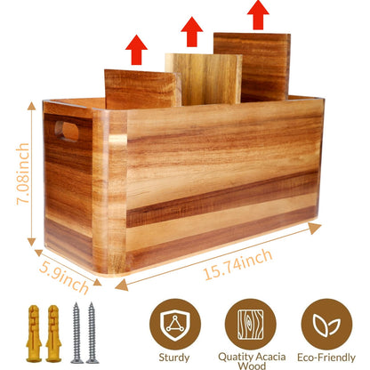 Wooden Kitchen Utensil Holder Organizer for Counter or Countertop, Large Wooden Utensil Holder for Storage Cooking and Silverware with 4 Compartment, Acacia Rustic Wood Container Extra Large