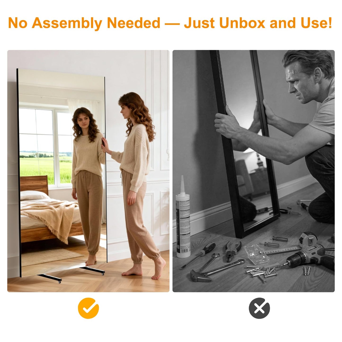 brisafe Rolling Full-Length Standing Mirror with Wheels, 71" x 43"Oversized Shatterproof Nano Material, No Assembly Required, Easy Move for Home Gym, Dance & Yoga Studio, Silver