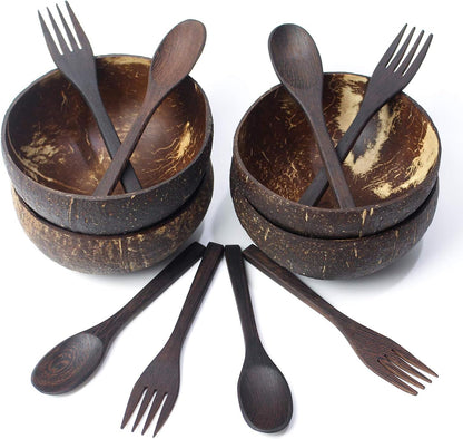 Vikra Set of 4 Vietnamese Coconut Bowls with Spoons and Forks, 100% Natural Handmade Eco-Friendly Kitchen Bowls