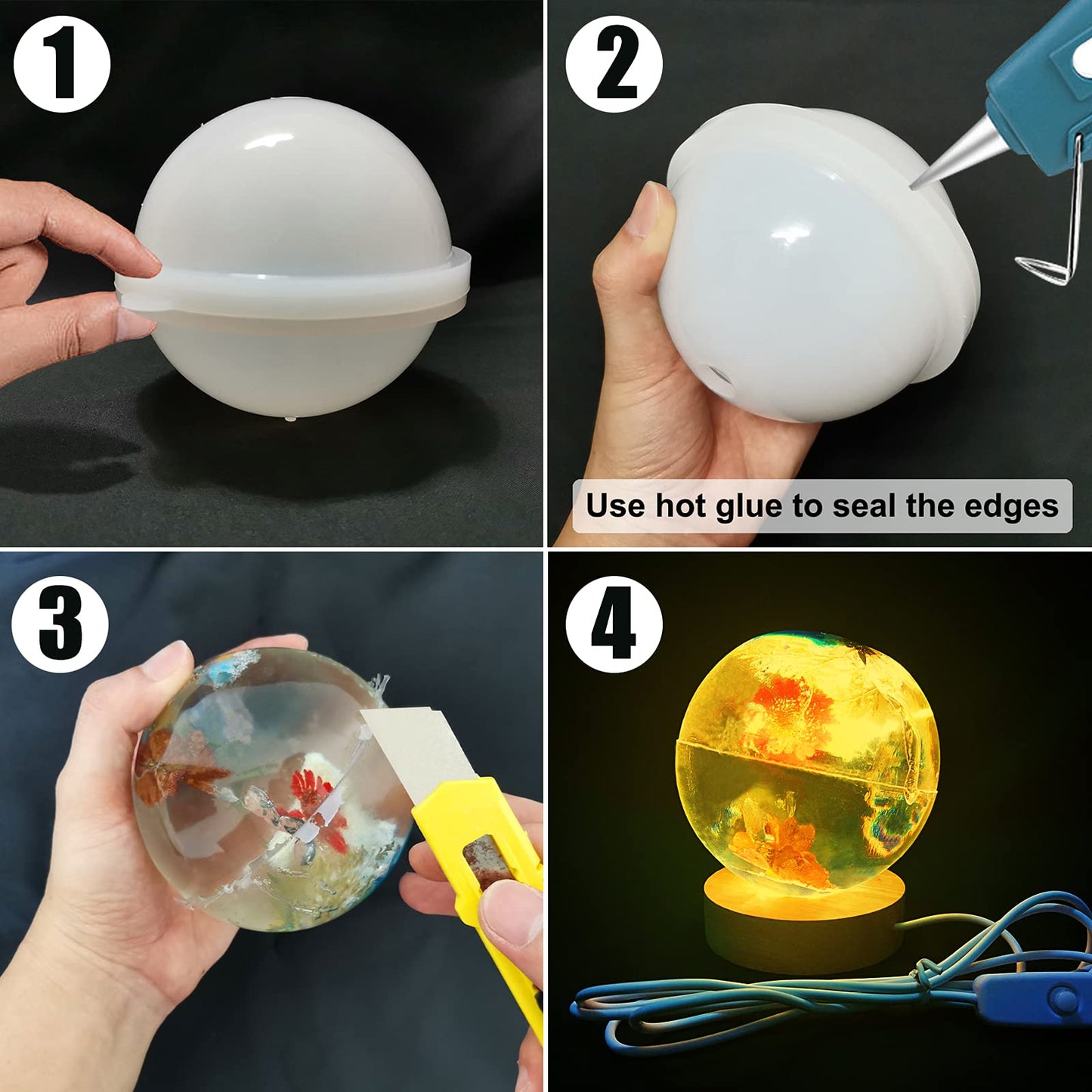 Voaesdk 4 inch Large Sphere Round Light Resin Mold,LED Silicone Resina Mould with 1Pcs USB Powered Wooden Lighted Base Stand for DIY Table Crafts Party Wedding Desktop Lamp Home Decor