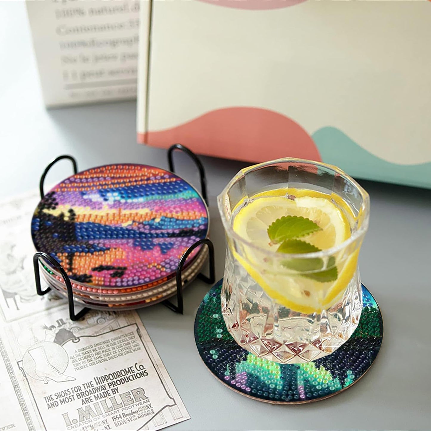 8 Pcs Aurora Diamond Art Coasters Kits with Holder, Landscape Diamond Painting Coasters Kits for Adults, DIY 5D Nature Scenery Diamond Dots Small Mini Kit Full Drill Art Craft Supplies 4X4 Inch