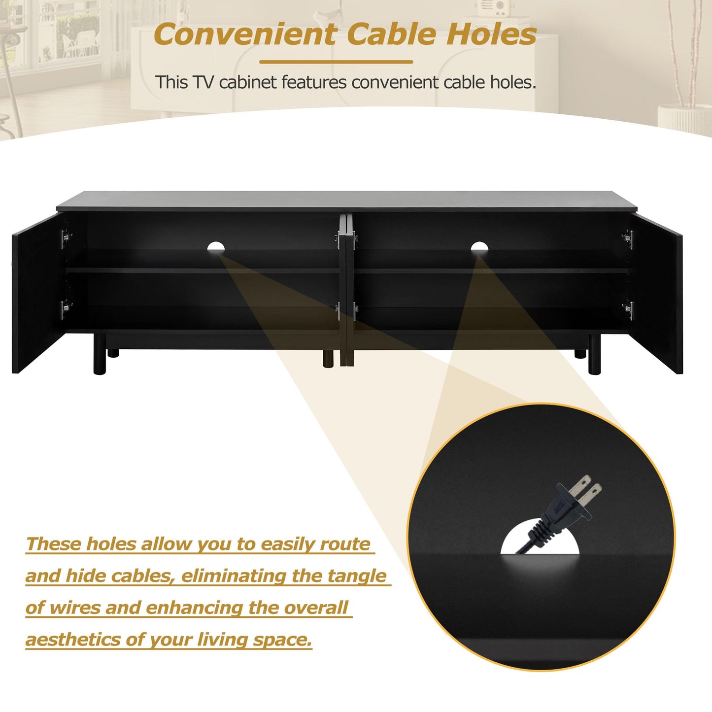 Merax Modern TV Stand with Arch Cabinets, Solid Wood Legs & Adjustable Shelves | Entertainment Center with Cable Management for Living Room, Black