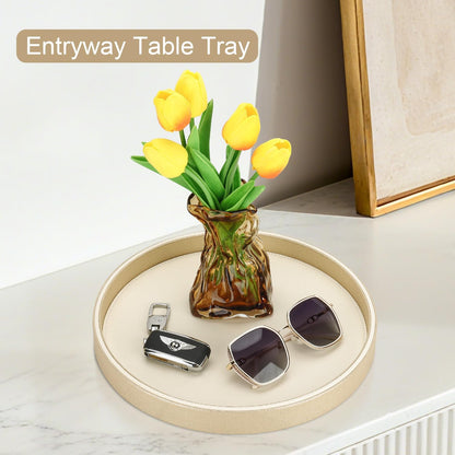 12" GORESE Gold Decorative Coffee Table Tray, PU Leather Round Trays for Home Decor, Table Centerpiece for Living Room