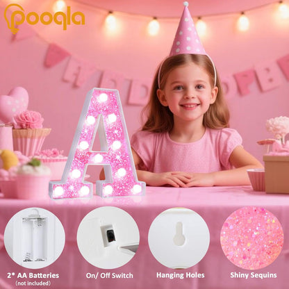 Pooqla LED Marquee Letter Lights, Light Up Letters Glitter Letter Sign Girls Gift, Battery Powered Night Light Pink