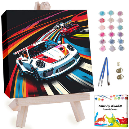 Artunion Framed Paint by Numbers Kit for Adults Beginners & Kids Ages 8-12,Racing Car Paint by Number with Frame,Car Lovers Paint by Numbers Kit on Canvas 10 * 10 Inch Without Easel