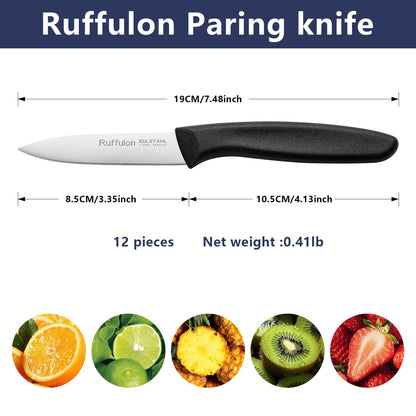Ruffulon Paring Knife Fruit Knife Set (12 Pieces), Ultra Sharp Stainless Steel Vegetable and Fruit Knife with PP Plastic Ergonomic Handle for Cutting Fruits and Vegetables.