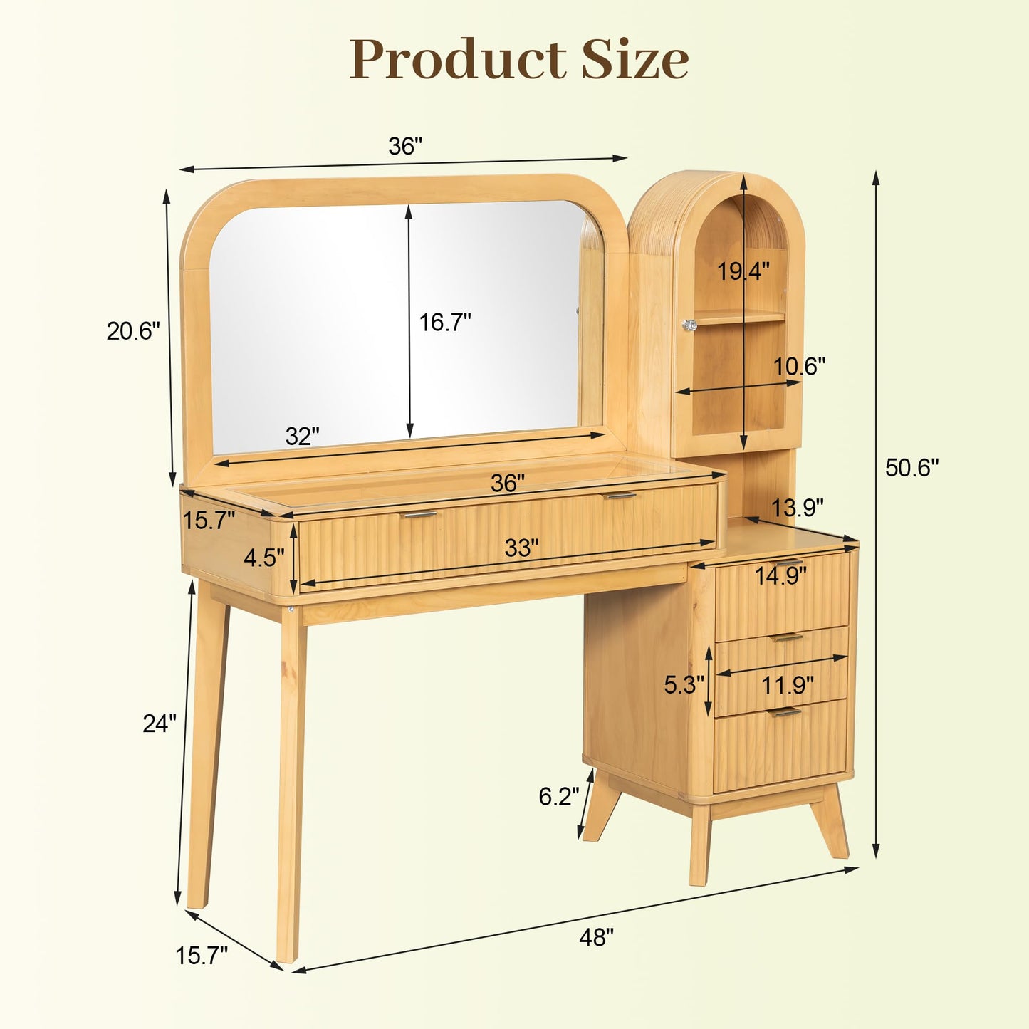 48" Fluted Makeup Vanity Desk with Large 32" Mirror, Modern Glass Top Vanity Table with 4 Drawers & Side Cabinet, Built-In Charging Station, Dressing Table Set for Bedroom, Natural Wood Finish