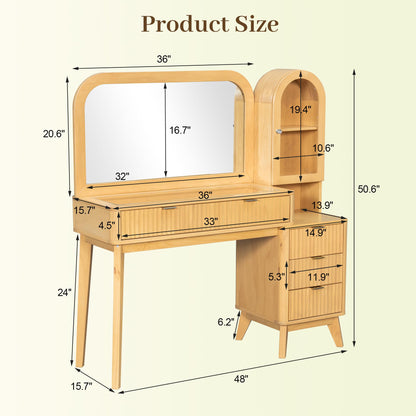 48" Fluted Makeup Vanity Desk with Large 32" Mirror, Modern Glass Top Vanity Table with 4 Drawers & Side Cabinet, Built-In Charging Station, Dressing Table Set for Bedroom, Natural Wood Finish