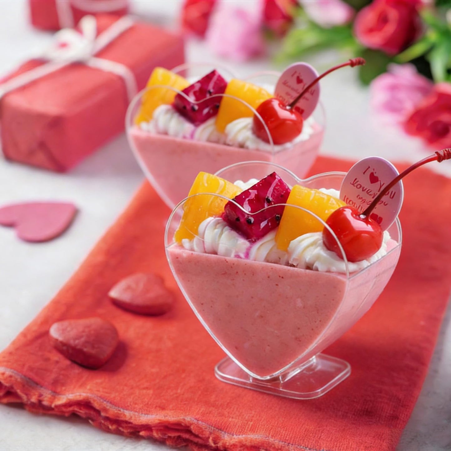 Qeirudu 100 Pack 2.7 oz Heart Shaped Mini Dessert Cups with Spoons, Small Clear Parfait Cups, Plastic Party Serving Cups for Mousses, Puddings, Fruits