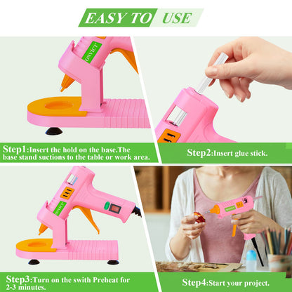 MONVICT Pink Hot Glue Gun Kit, Mini Glue Gun with Suction Cups Stand Anti Stick Silicone Mat, Hot Melt Glue Gun with Fine Tip & 30 Glue Sticks, On/Off Switch Design for DIY, Craft, Home School Project