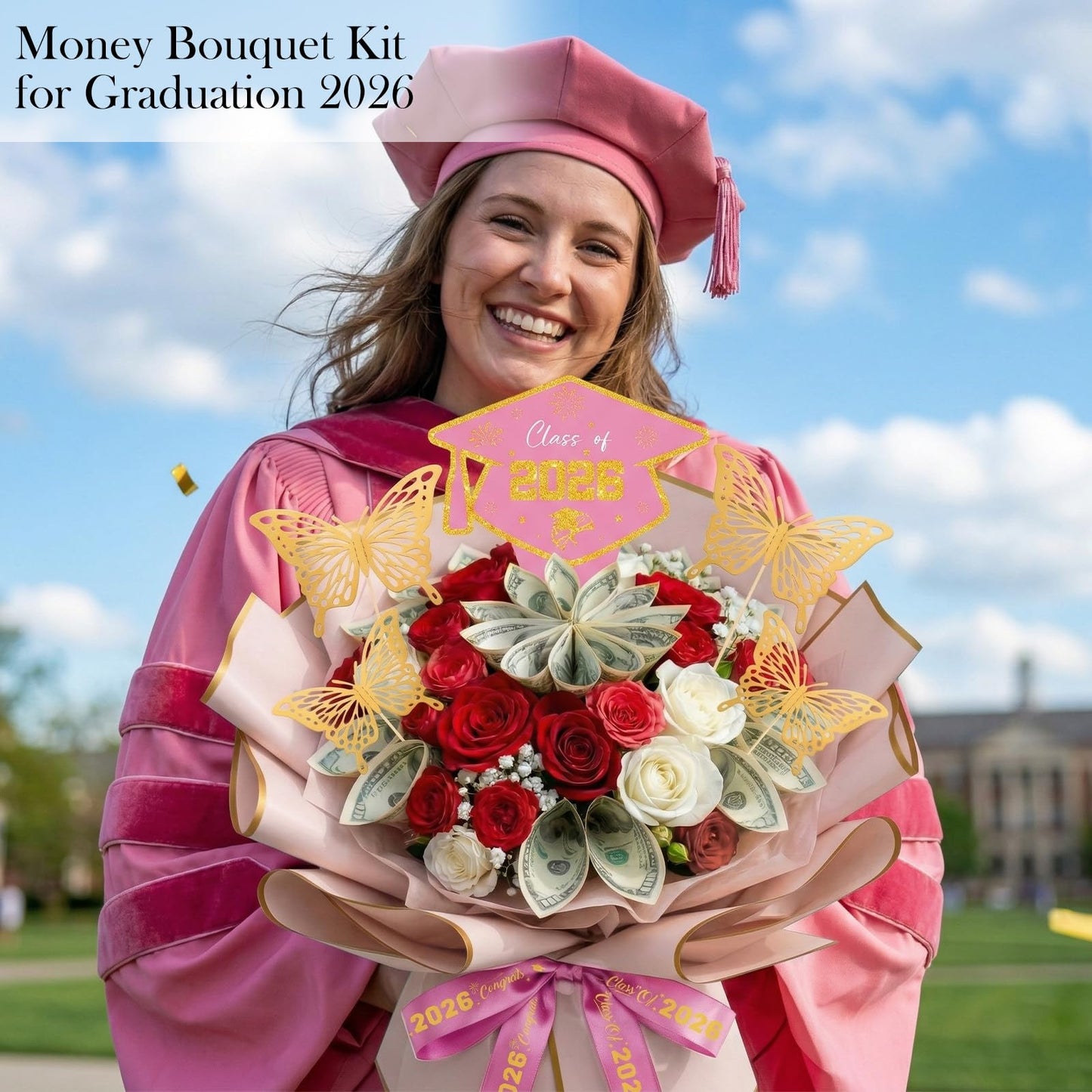 Silkovahamd Money Bouquet Kit Graduation 2026 - Graduation Gift Ideas Flower Gifts for Women, DIY Money Bouquet Wrapping Paper Ribbon, College High School Regalos de Graduación 2026