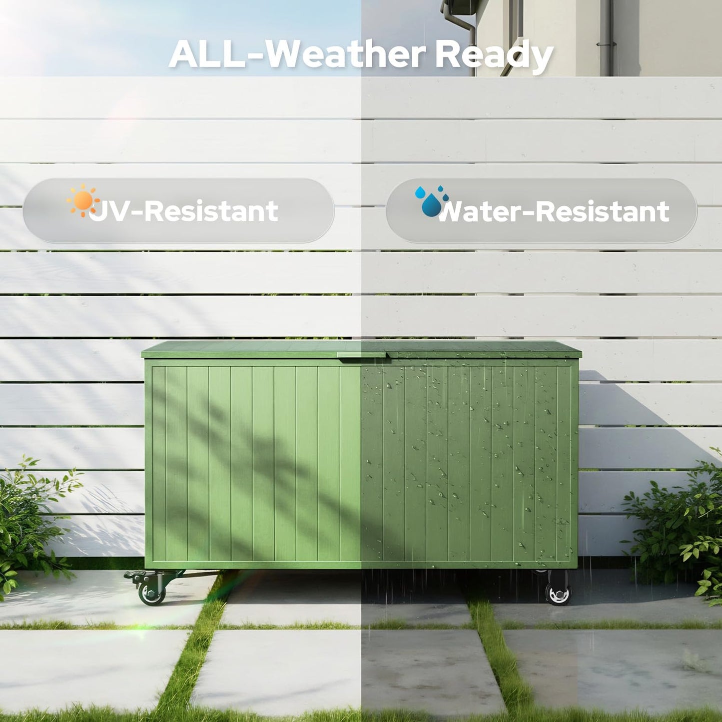 RICNOD Outdoor Storage Box with Wheels 150 Gallon, Mobile Aluminum Deck Boxes Outdoor Waterproof, UV Resistant Patio Storage Box with Lid for Patio Furniture, Garden Tools, Outdoor Cushion(Green)