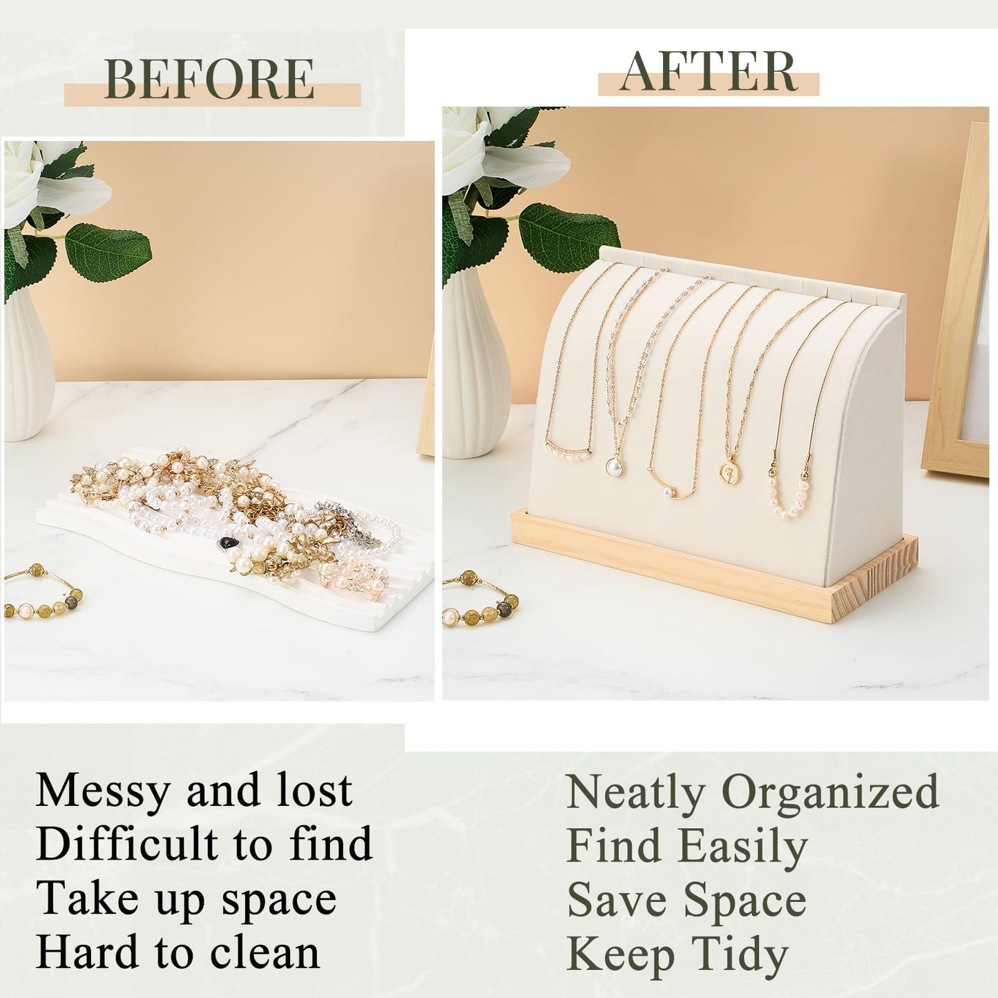 RattanView 2 Pieces Cambered Wooden Necklace Display Stand with Soft Mat Necklace Holder Jewelry Display for Vendors Home Boutique Countertop Pendant Chain Chokers Organizer Pendant (Beige, Velvet)