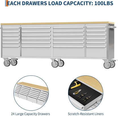 96" Rolling Tool Chest, 24 Drawers, Solid Rubber Wood Workbench Top, Locking Wheels and Key Lock, Mobile Garage Storage Cabinet, Heavy Duty Mobile Organizer for Workshop, Silver