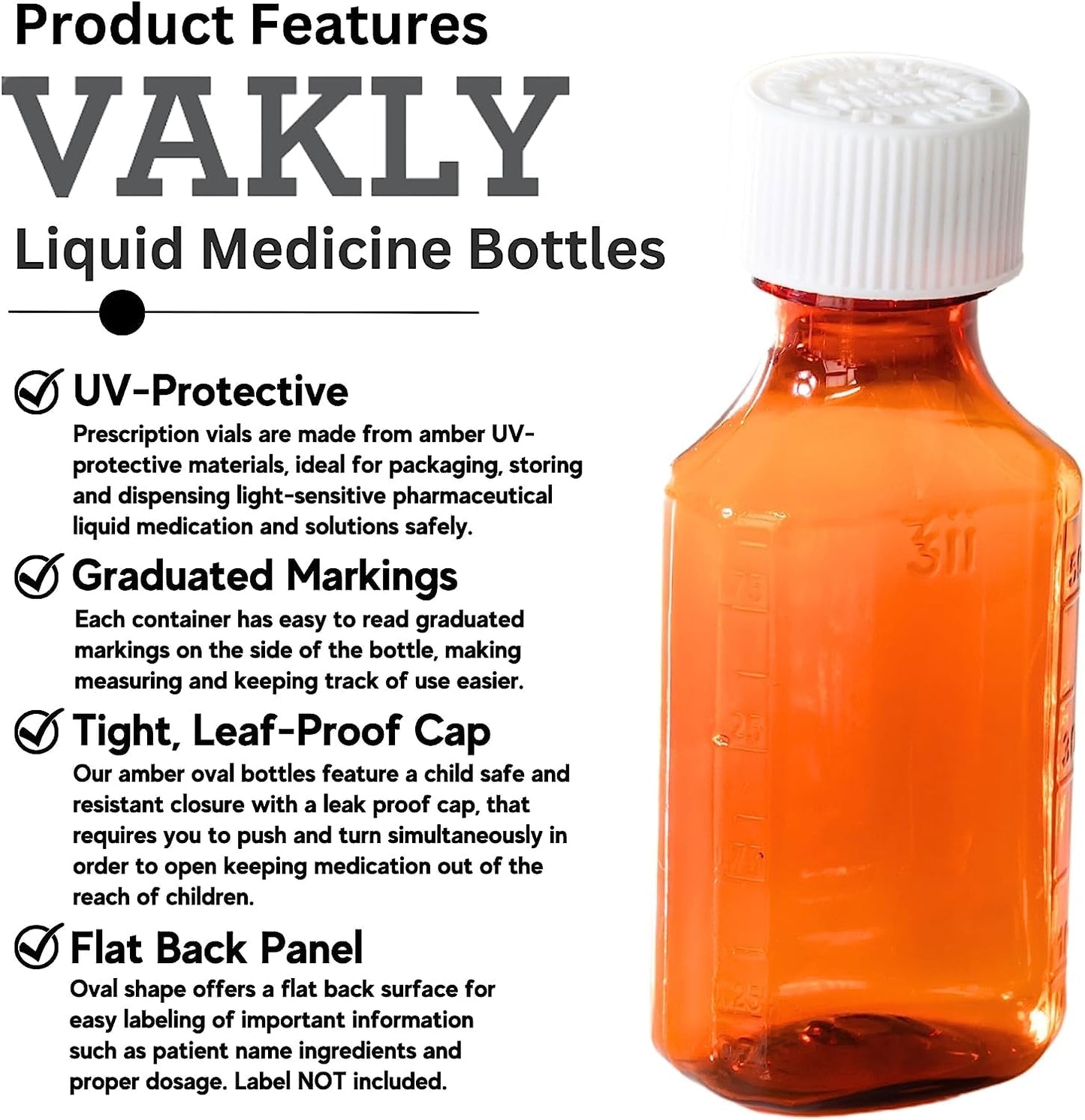 Vakly Amber Prescription Bottles 8 oz (5 Pack) – Plastic Liquid Medicine Bottles with Child-Resistant Caps, Oval Pharmacy Dispensing Container