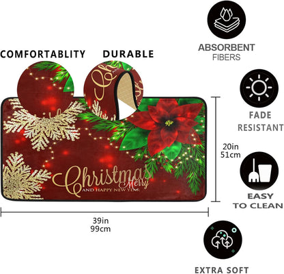Christmas Kitchen Rugs Red Poinsettia Flower Non Slip Soft Mats, Anti Fatigue Bath Rug Runner Doormats for Home Decor