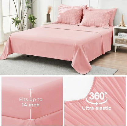 HYMOKEGE King Size Comforter Set - Luxury 7-Piece Rose Pink Bedding Set with Sheets & Pillowcases