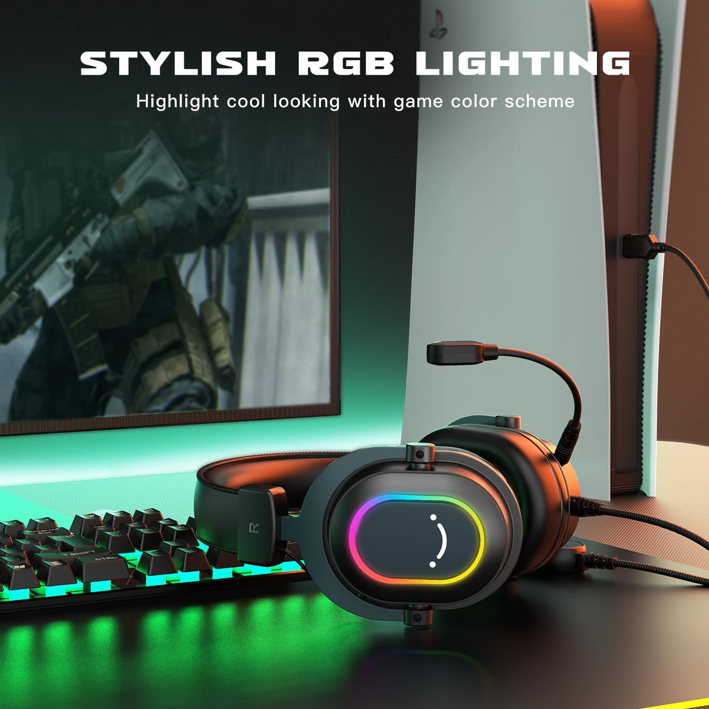 FIFINE Gaming Headset for PC-Wired Headphones with Microphone-7.1 Surround Sound Computer USB Headset for Laptop, Streaming Headphones on PS4/PS5, with EQ Mode, RGB, Soft Ear Pads - AmpliGame H6