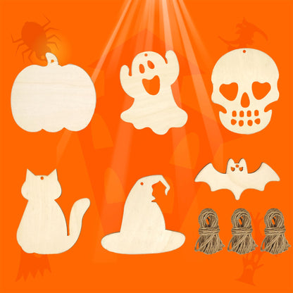 CANDEOLA 60-Pcs 4" Unfinished Halloween Wooden Cutouts Ornaments for Halloween Party Haunted House DIY Hanging Crafts Decorations (10cm, 6 Shapes, 10 Pcs/Shape)