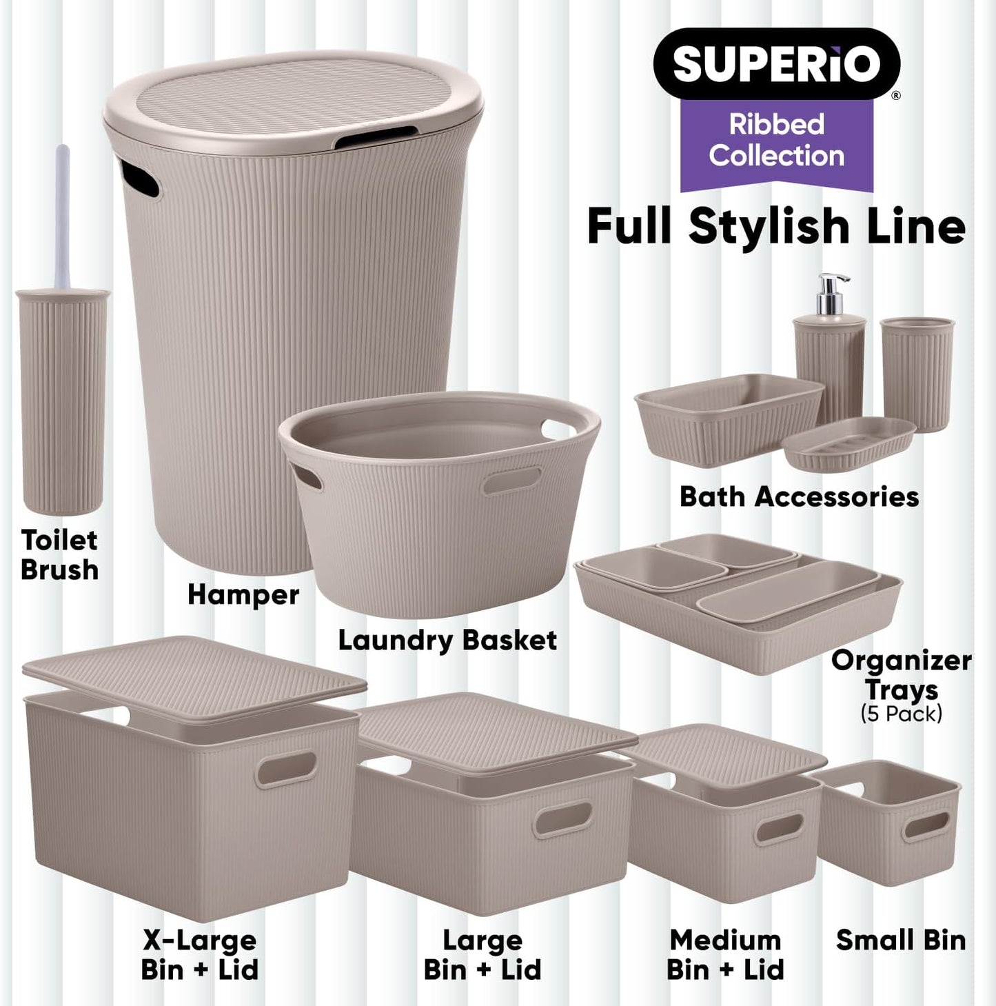 Superio Ribbed Collection - Decorative Plastic Open Storage Bins, Large Taupe (2 Pack), 15 Liter/16 Quart