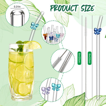 Meanplan 10 Pcs Cute Reusable Glass Straws with Design,8 mm x 7.9'' Shatter Resistant Butterfly Bow Clear Bent Glass Straw with Cleaning Brush for Drink Party Milkshakes Juice (Mixed Color)