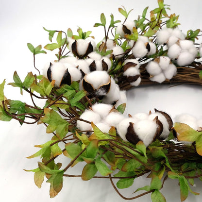 idyllic Green Leaves and Cotton Wreath for Front Door, Artificial Wreath on a Natural Twig Base for Farmhouse, Garden, Wedding, Decor