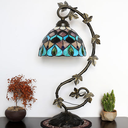 ZYLINX Tiffany Lamp Stained Glass Style Table Lamp 8 x 10 x 21” Peacock Feather Bedside Reading Light with Arched Metal Leaf Base for Desk Bedroom Living Room Study