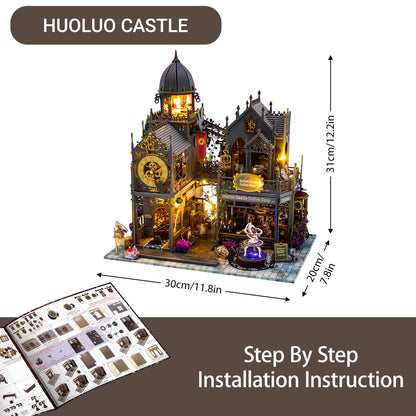 DIY Miniature House Kit, Book Nook Kit, Dollhouse for Adults to Build with LED Lights, Magic Castle, Prefab Haunted Model House, Birthday/Christmas (Huoluo Castle)