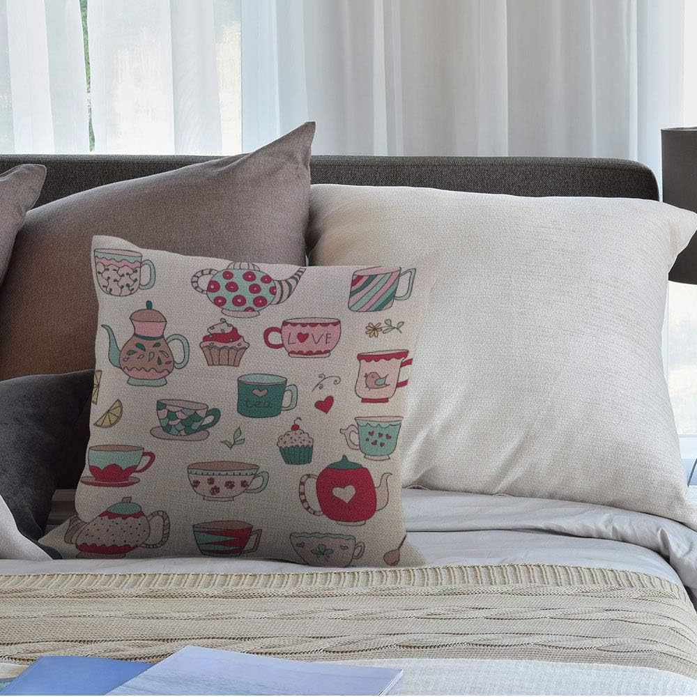 HGOD DESIGNS Doodle Cups Throw Pillow Cover, Teapots and Cupcakes in Pastel Colors, Cotton Linen 18x18 inch