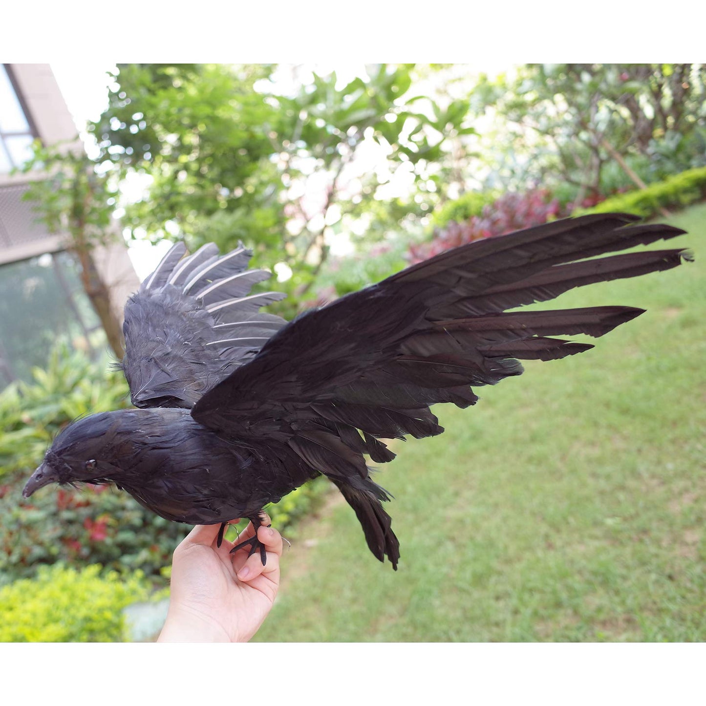 Etistta 2-Pack Realistic Crows Lifesize Extra Large Handmade Black Feathered Crow for Halloween Decorations Birds, XL (15 inch+15 inch)