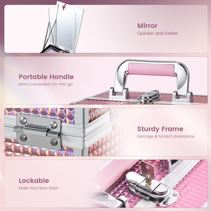Joligrace Makeup Train Case Makeup Case Organizer Portable Cosmetic Box Storage with 2 Trays Mirror Locking Make Up Travel Case for Nail Kits Cosmetics Craft Traveling Makeup Box Mermaid Pink
