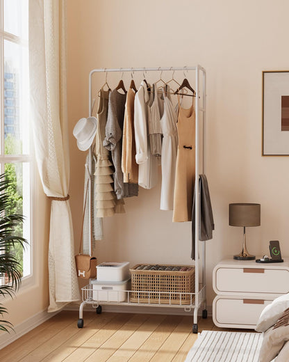 Clothes Rack, Multi-Functional Rolling Garment Rack with Metal Storage Basket and Side Flexing Bar (White)