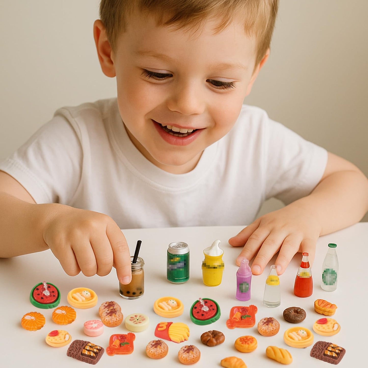 100 Pcs Miniature Food Drink Bottles Soda Pop Cola Cans Pretend Play Kitchen Game Party Accessories Toys Cake Ice Cream for 1/12 Doll House Mixed Mini Resin Figures Favor Toy Dollhouse Decorations