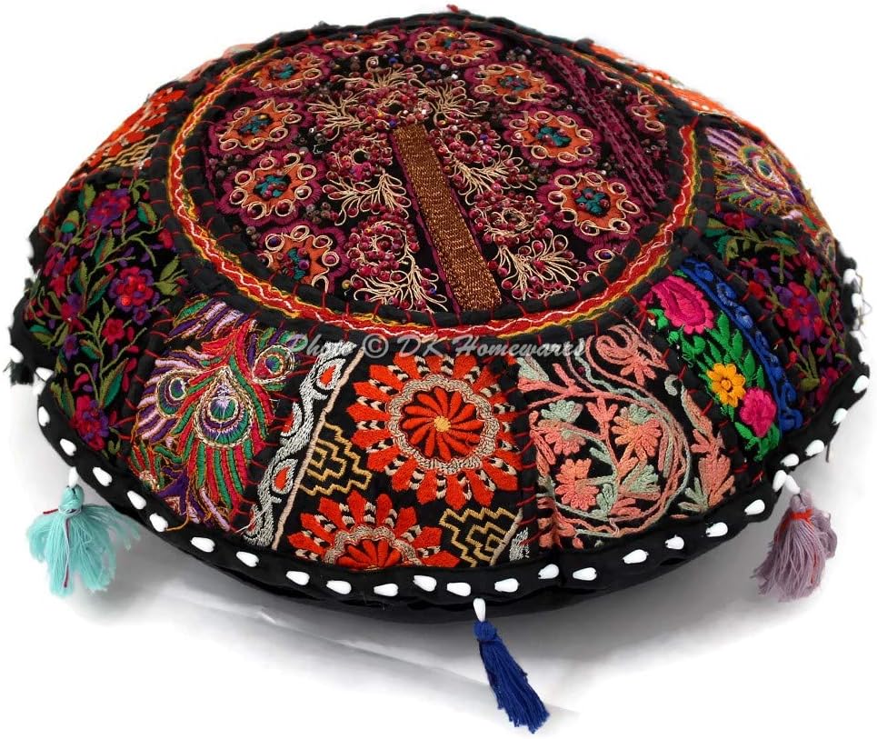 DK Homewares 18 Inch 18x18 Indian Traditional Floor Cushion Cover Bohemian Black Patchwork Yoga Pouf Ottoman Home Decor