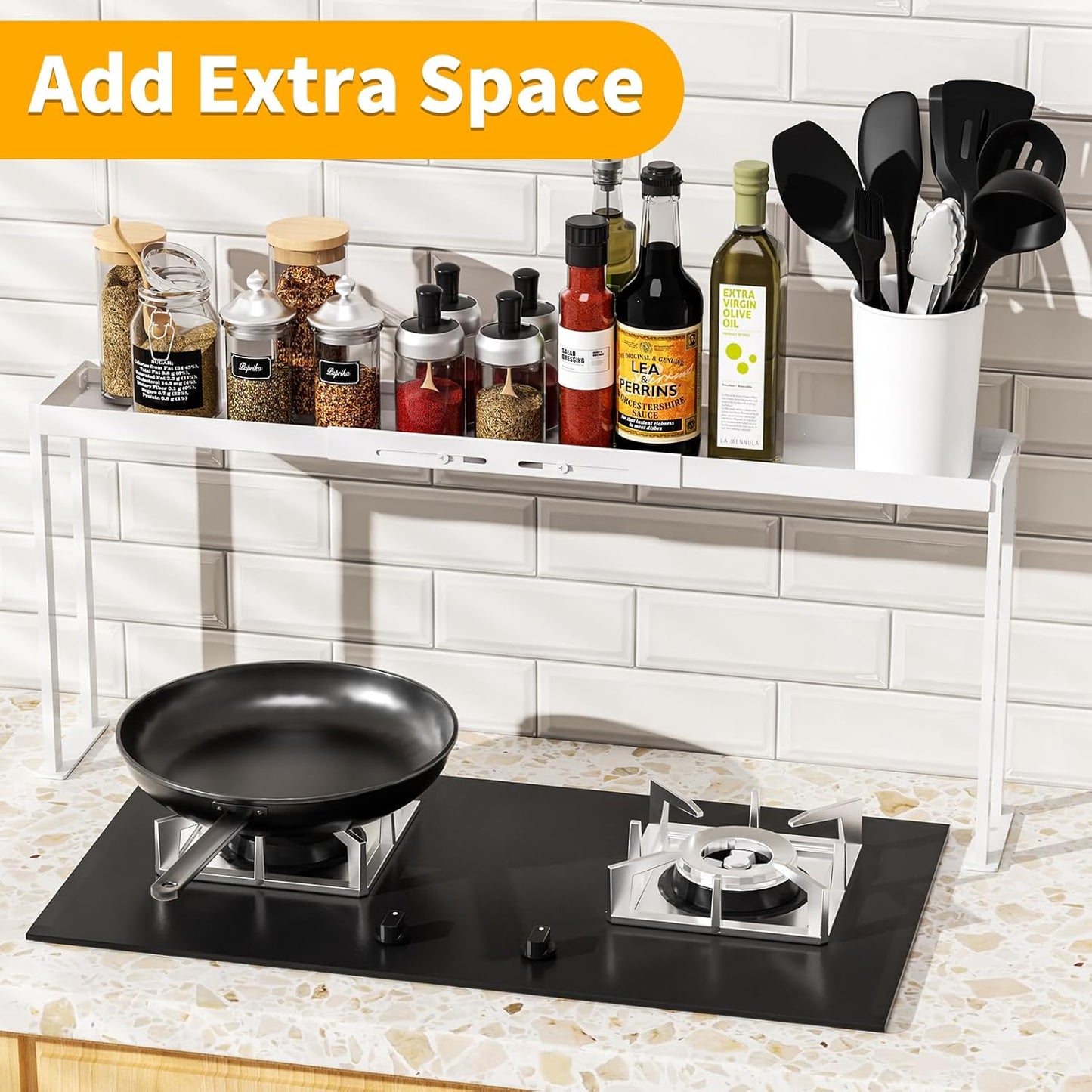 27 33 Inch 4 Countertop, Stove Top Shelf for Curved Stove, Expand to Spice Rack, Level Adjustable Height Spice Shelf