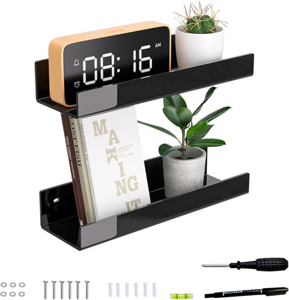 12 Inches 2 Pack, Black Acrylic Wall Shelf for Home, Acrylic Organizer Shelves for Wall, Wall Mounted Storage Display