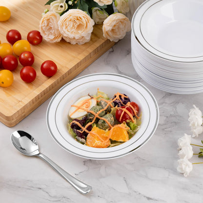 Goodluck 100 Pack Plastic Bowls with Silver Rim, 12oz Disposable Soup Bowls, Heavy Duty Dessert Bowls for Weddings, Parties, Dinners, Catering, and Everyday Use