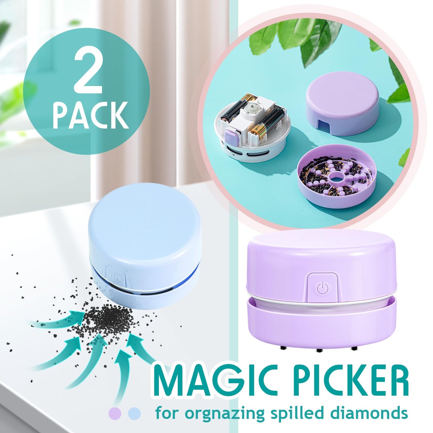 Honoson 2 Pcs Diamond Painting Tool Drill Quicker Picker for Spilled Diamonds 5d Painting Accessories Vacuum Cleaner Mini Table Desktop Sweeper Organizer Clean Art Beads Crumb(Blue, Purple)