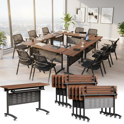 Usosidam 47.2" Folding Conference Tables, Modular Conference Room Table with Silent Lockable Wheels, Flip Top Training Table,for Office Classroom Seminar, for 6-12 Person, Walnut 2, 8 Pack