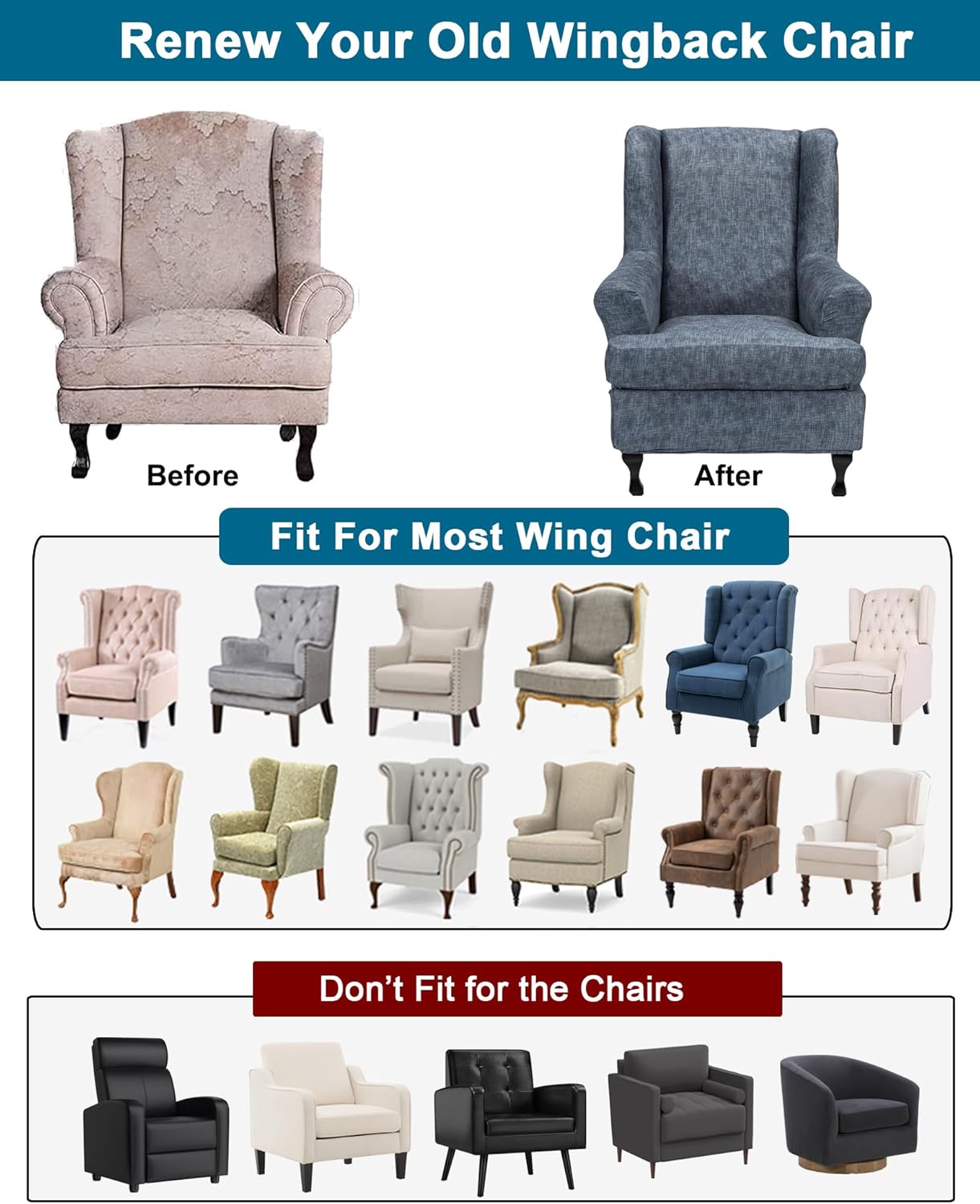 2 Chair,A02 CRFATOP Printed Wing Chair Slipcovers Piece Stretch Wingback Chair Cover Spandex Fabric Wingback Armchair