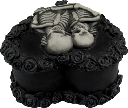 DWK - To Have & To Hold - Beautiful Gothic Skeleton Lovers Embracing on Black Rose Wreath Keepsake Jewelry Trinket Stash Box with Red Interior Romantic Goth Valentine's Day Home Decor Accent, 5-inch