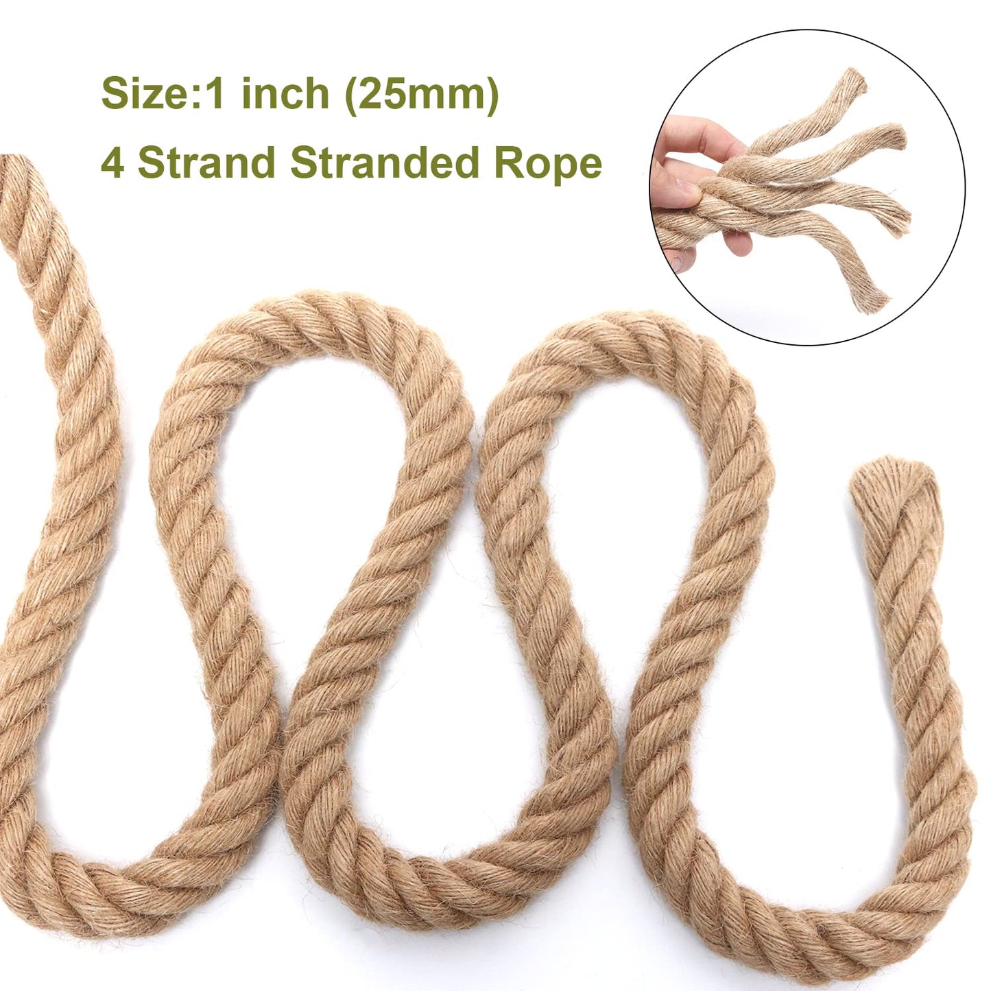 Heavy Duty Jute Rope - 1 Inch, 50 Feet, Natural Hemp for Crafts, Gardening, Bundling, Climbing, Hammock, Nautical, Tug of War, Railings, Home Decorating