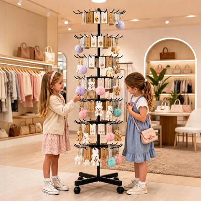Homelio 7-Tier Heavy Duty Rotating Display Rack with Wheels, Metal Floor Spinner Stand for Retail Store, Adjustable Keychain & Jewelry Display Shelves for Craft Fair & Showroom