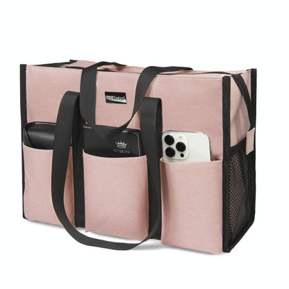 TOPDesign Utility Water Resistant Tote Bag with 13 Exterior & Interior Pockets, Top Zipper Closure & Thick Bottom Support, for Working Women, Teachers, Nurses, Accountants (Pink)