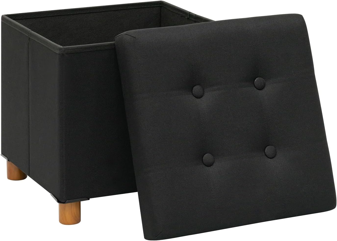 15" 15" 15"Black PINPLUS Storage Ottoman Cube, White Linen Footrest with Wooden Legs, Foldable Fabric Footrest